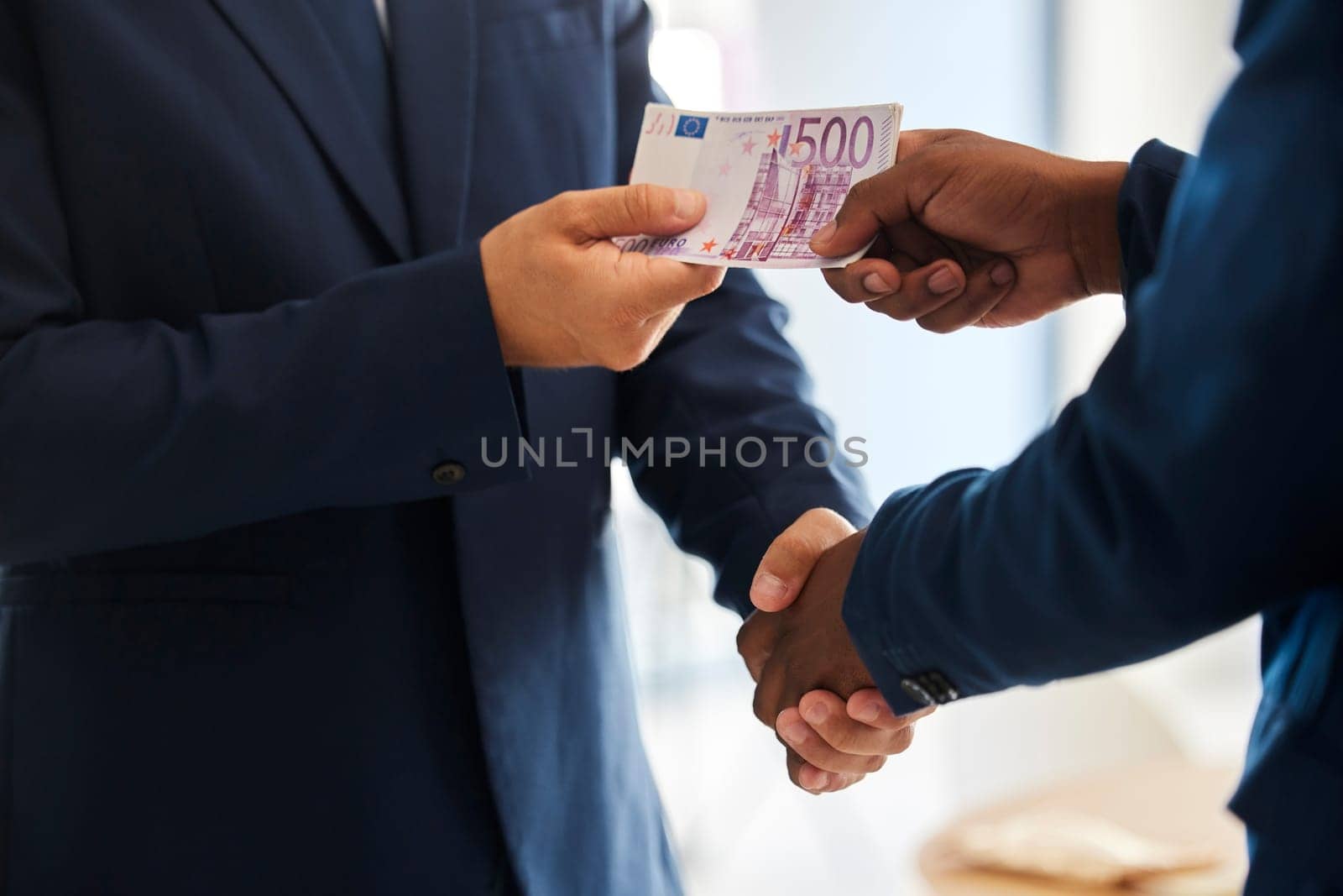 Business fraud, corruption handshake and money deal, scam and criminal giving euro notes, bribery payment and illegal trading offer. Bad politician shaking hands for crime, cash and money laundering.