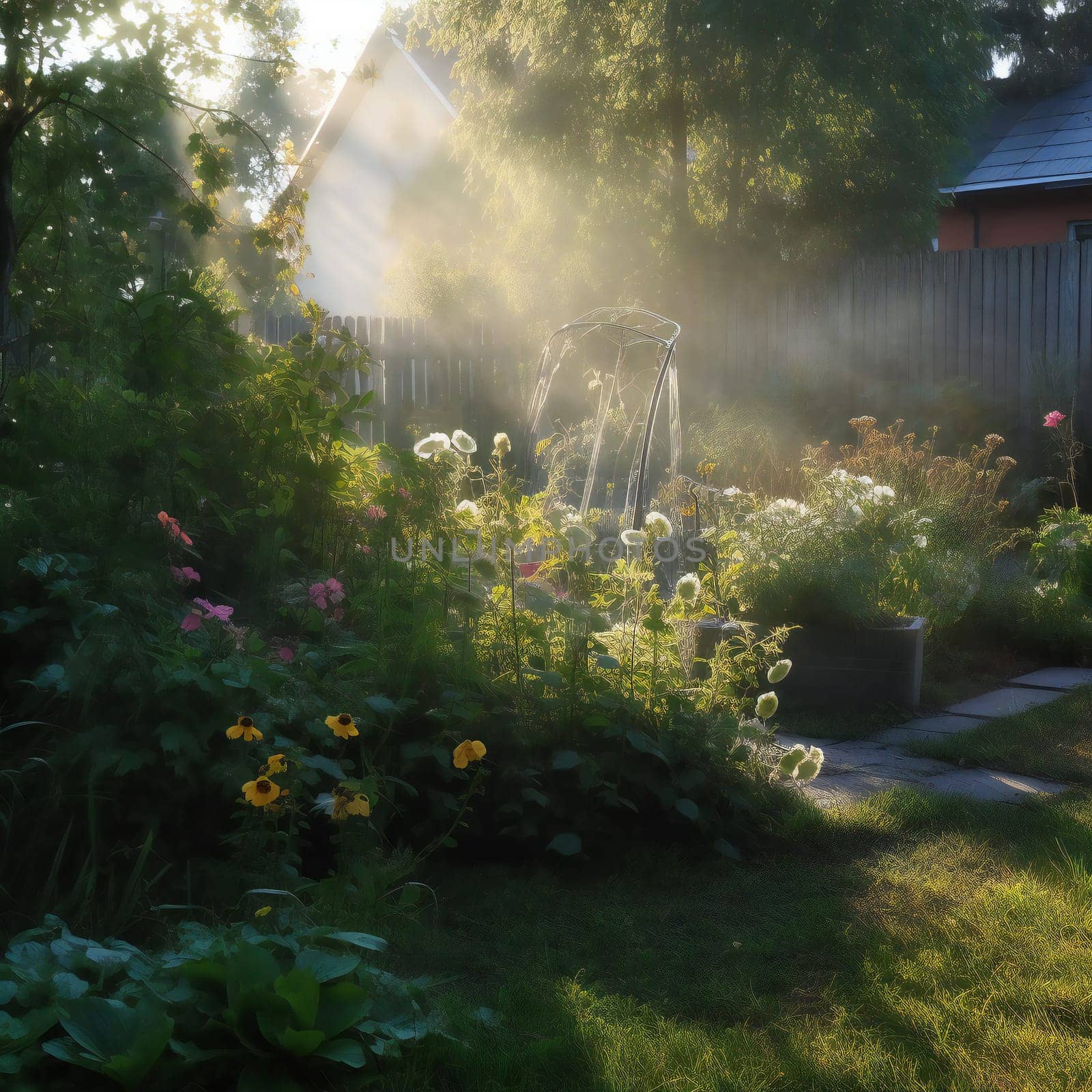 Early morning in the garden, fog. generative ai by juliet_summertime