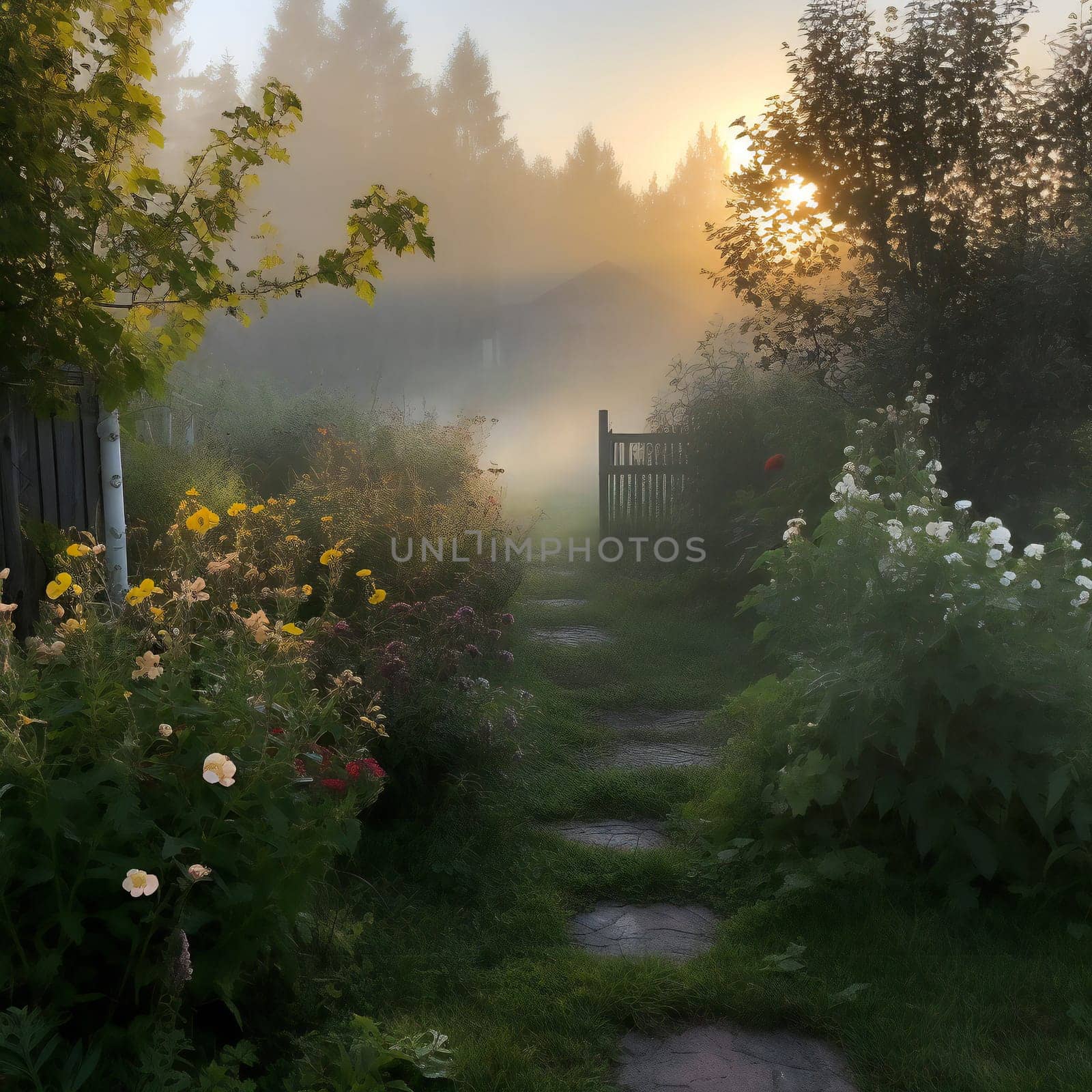 Early morning in the garden, fog. generative ai by juliet_summertime