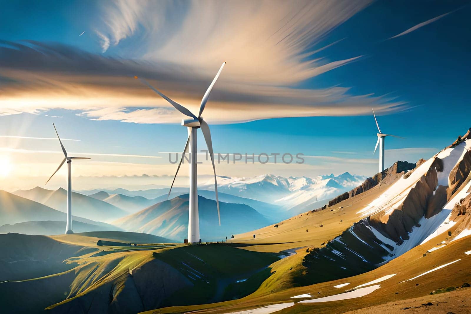 Panoramic view of wind farm or wind park, with high wind turbines for generation electricity with copy space. Green energy concept. Generative AI