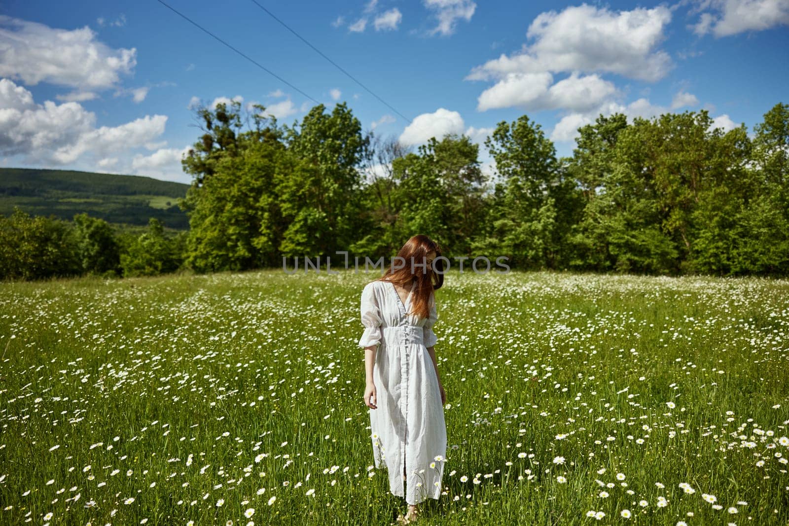 a woman in a long light dress stands in a chamomile field on a sunny day by Vichizh