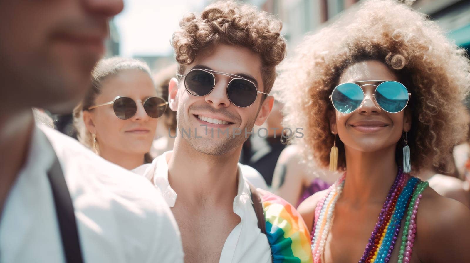 Happy people at gay pride parade. Pride month celebration, LGBTQ rainbow flag. Generative Ai