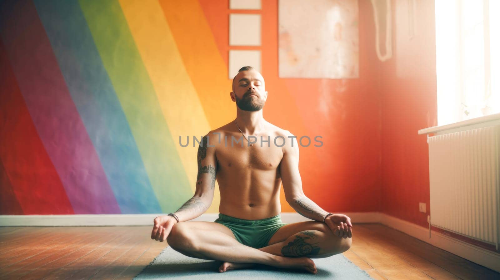 Happy relaxed male yoga teacher stretching in the yoga studio. Pride month celebration, LGBTQ rainbow flag. Generative Ai