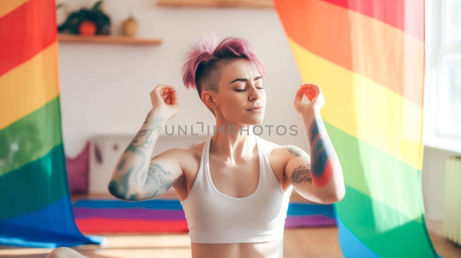 Happy relaxed female yoga teacher stretching in the yoga studio. Pride month celebration, LGBTQ rainbow flag. Generative Ai.