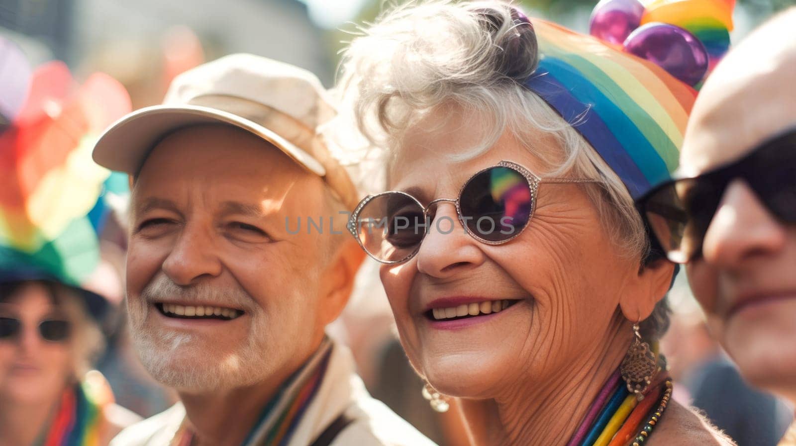 Happy senior American woman with grey hair at gay pride parade. Pride month celebration, LGBTQ rainbow flag. Generative Ai
