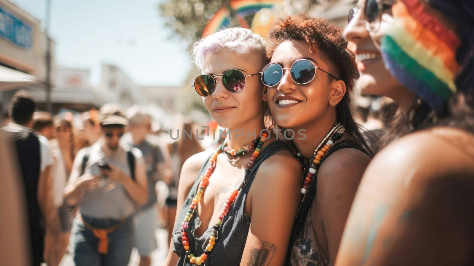 Happy American woman at gay pride parade. Pride month celebration, LGBTQ rainbow flag. Generative Ai