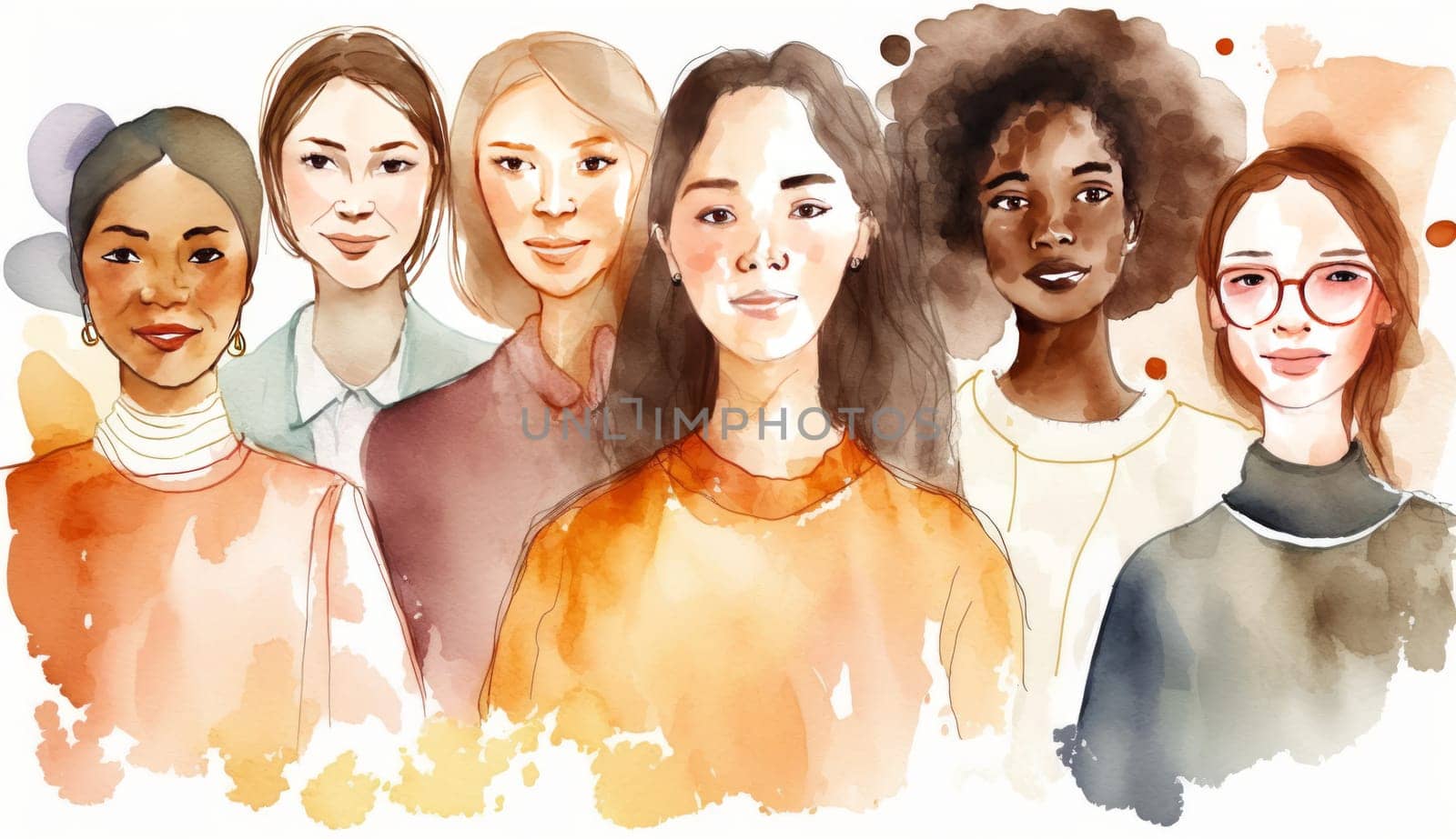 Female diverse faces profile watercolor style, different ethnicity and hairstyle. Woman empowerment movement. Happy International Women's day, 8 March. Generative ai
