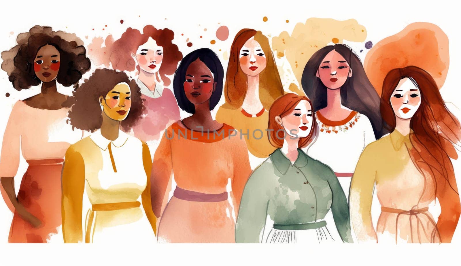 Female diverse faces profile watercolor style, different ethnicity and hairstyle. Woman empowerment movement. Happy International Women's day, 8 March. Generative ai