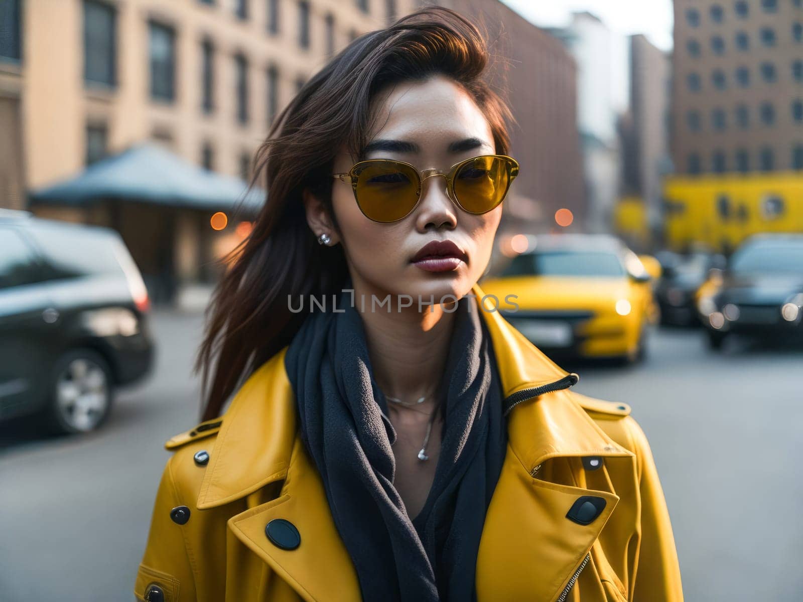 Charming asian woman in sunglasses wearing stylish yellow leather jacket looking at the camera standing on a blurred city background. Hipster girl. Generative Ai