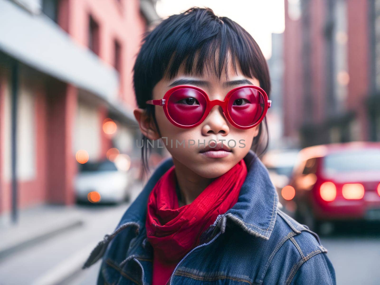 Charming asian boy in red sunglasses wearing stylish denim jacket looking at the camera standing on a blurred city background. Hipster boy. Generative Ai