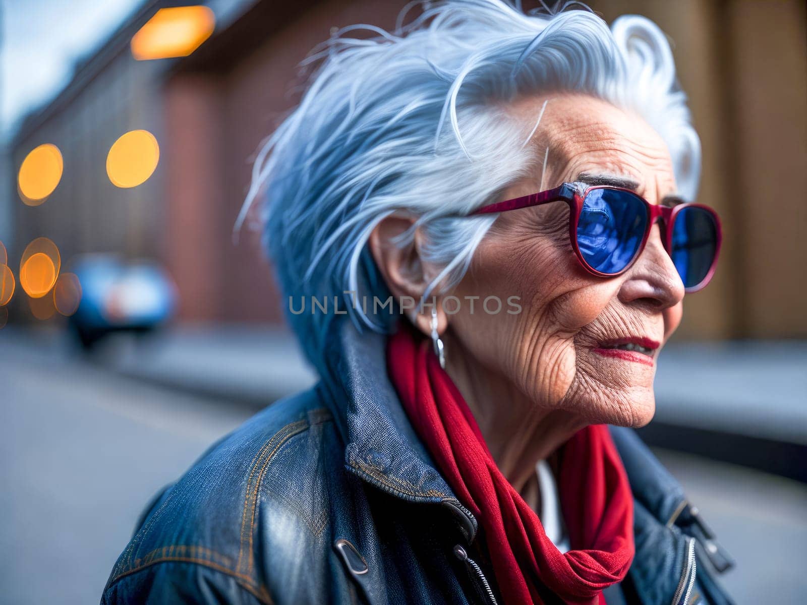 Smiling senior woman with grey hair in red sunglasses with modern clothes walking at the city enjoying the retirement, tavelling. Generative Ai
