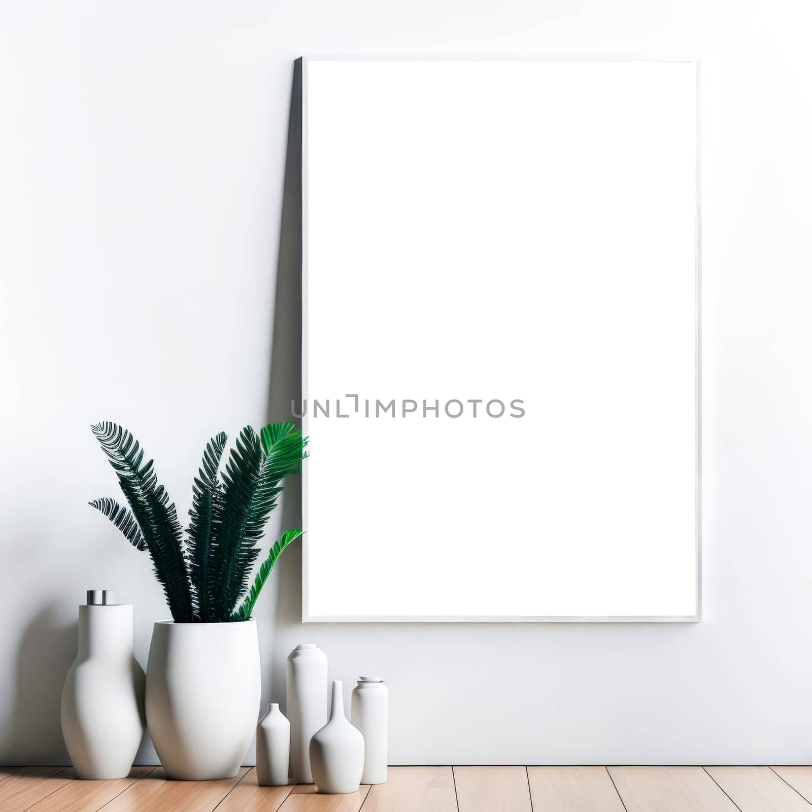 Empty wooden picture frame mockup. Golden vase with plant on white table. White wall background. Elegant working space. Scandinavian interior design. Home office concept. Generative Ai. by JuliaDorian