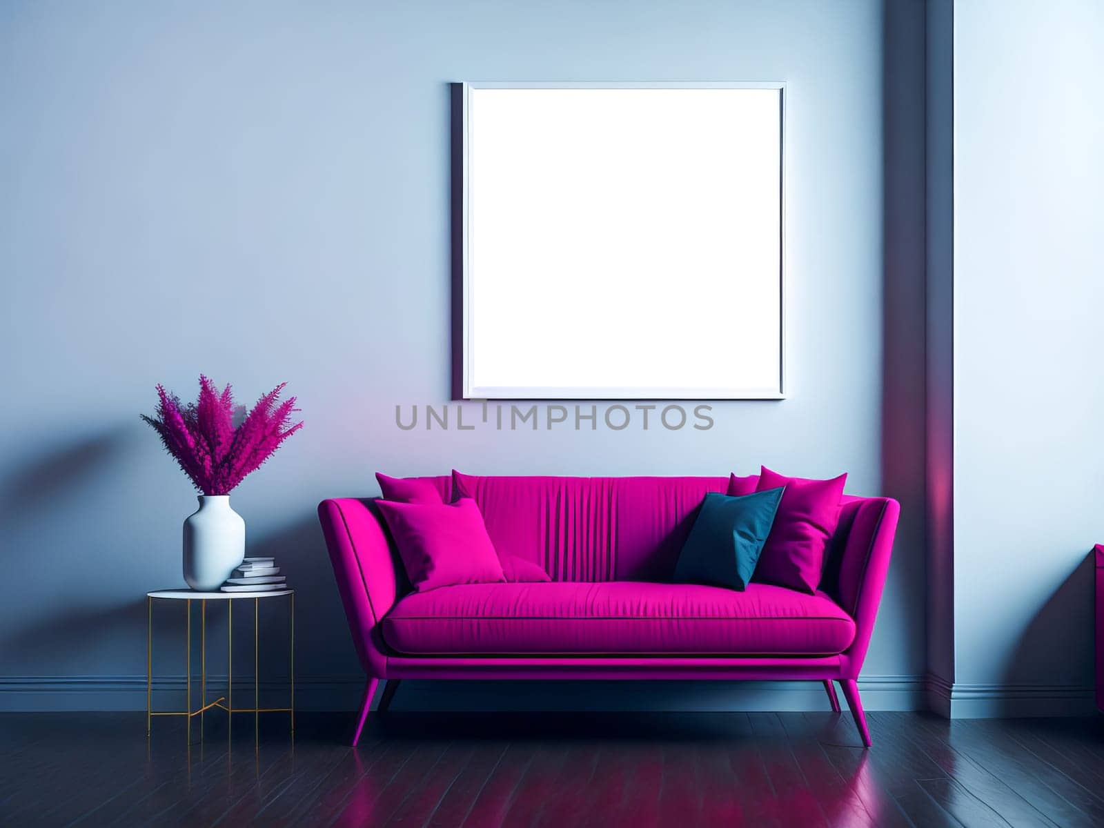 Blank frame mockup for artwork or print on blue wall with pink couch, copy space. Interior design. Generative Ai