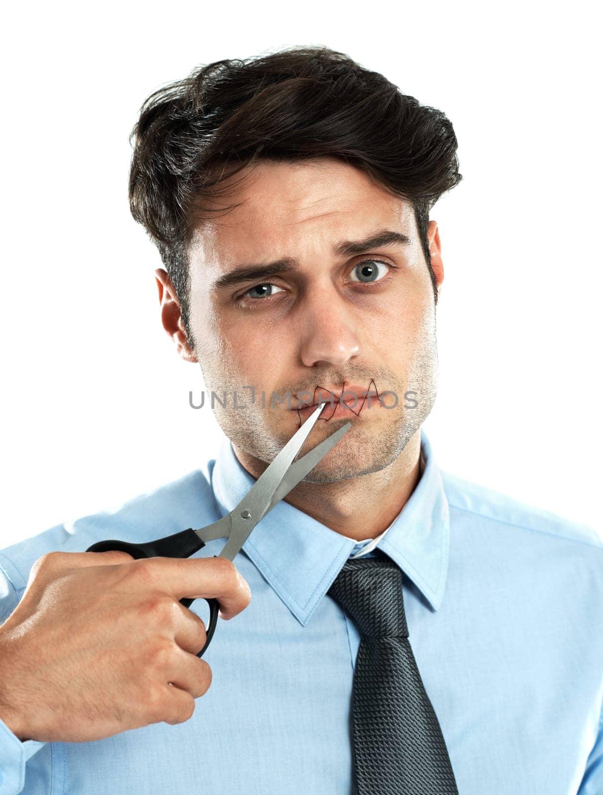 Portrait, scissors and thread on the lips of a man in studio isolated on a white background cutting for freedom of speech. Communication, silent and sealed with a handsome young male on blank space.