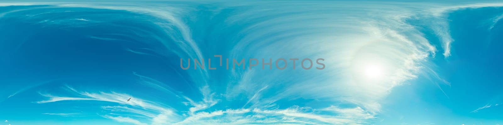 Sunset sky panorama with bright glowing pink Cirrus clouds. HDR 360 seamless spherical panorama. Full zenith or sky dome for 3D visualization, sky replacement for aerial drone panoramas. by Matiunina