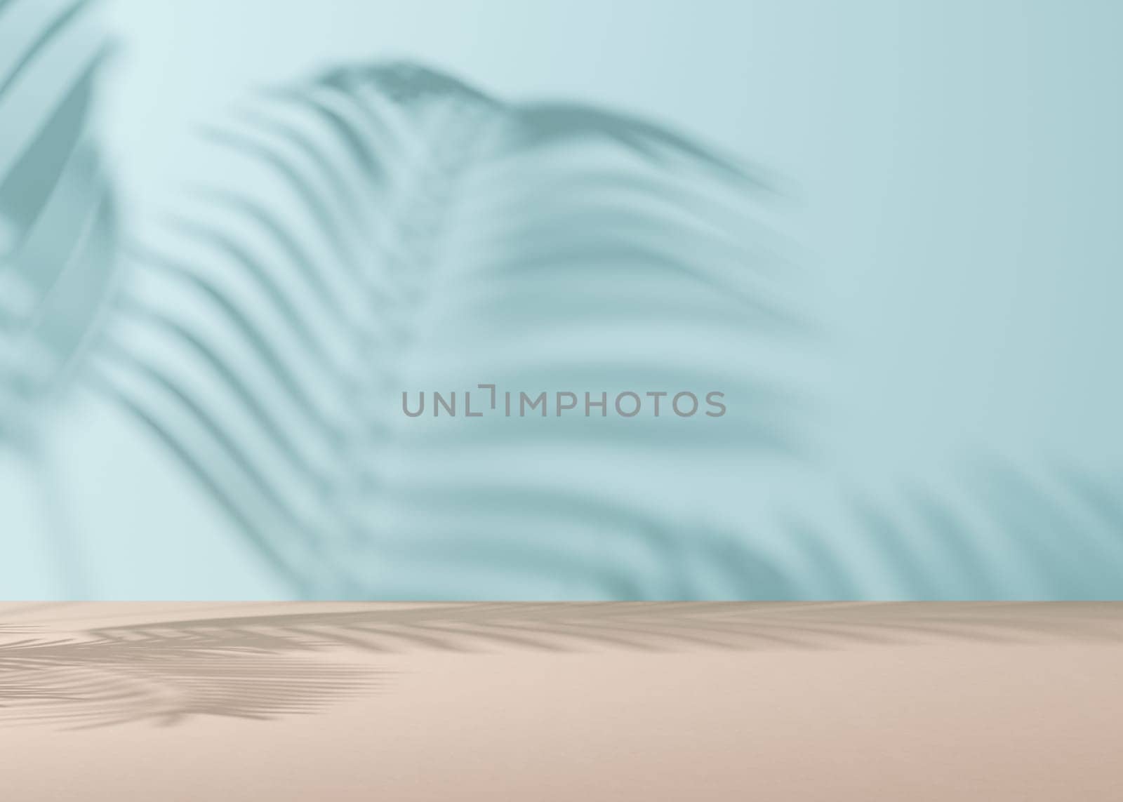 Empty scene with palm leaves shadows. Blue background. Template for product, cosmetic presentation. Natural mock up. Backdrop with empty, copy space. Display, showcase. 3D rendering. by creativebird