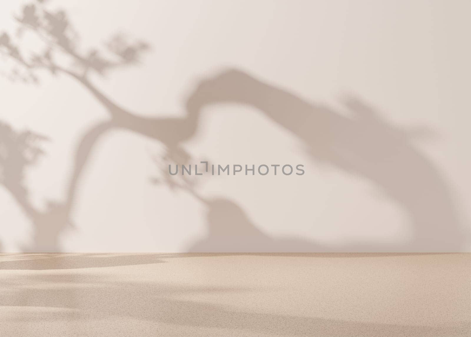 Empty scene with plant shadows. Beige background. Template for product, cosmetic presentation. Natural mock up. Backdrop with empty, copy space. Display, showcase. 3D rendering. by creativebird