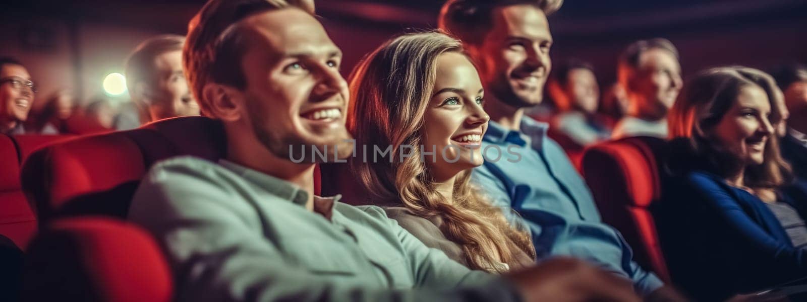 a group of people in a movie theater watching a movie with a smile on their faces, banner, made with Generative AI. High quality illustration