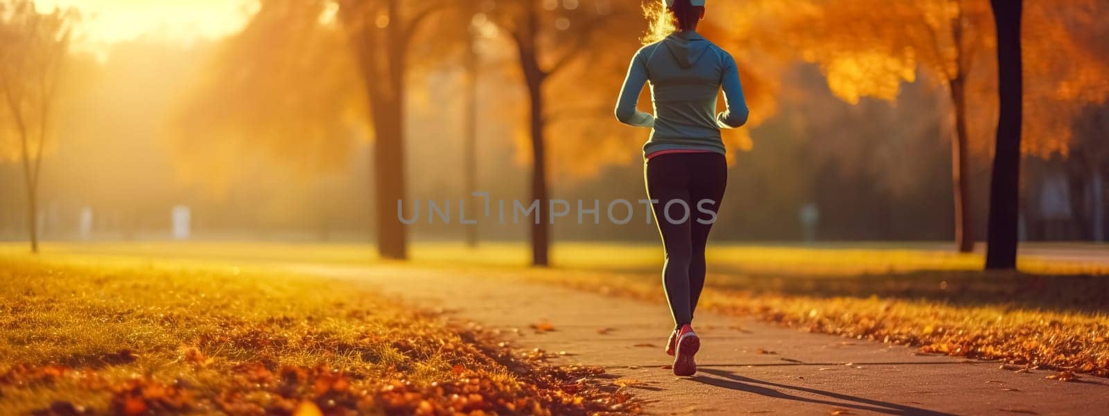 running, jogging sports woman in the park at sunset, banner with copy space, made with Generative AI. High quality illustration