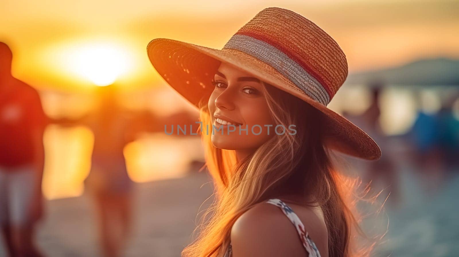 portrait of a young pretty woman in a hat on the evening beach at sunset, made with Generative AI. High quality illustration