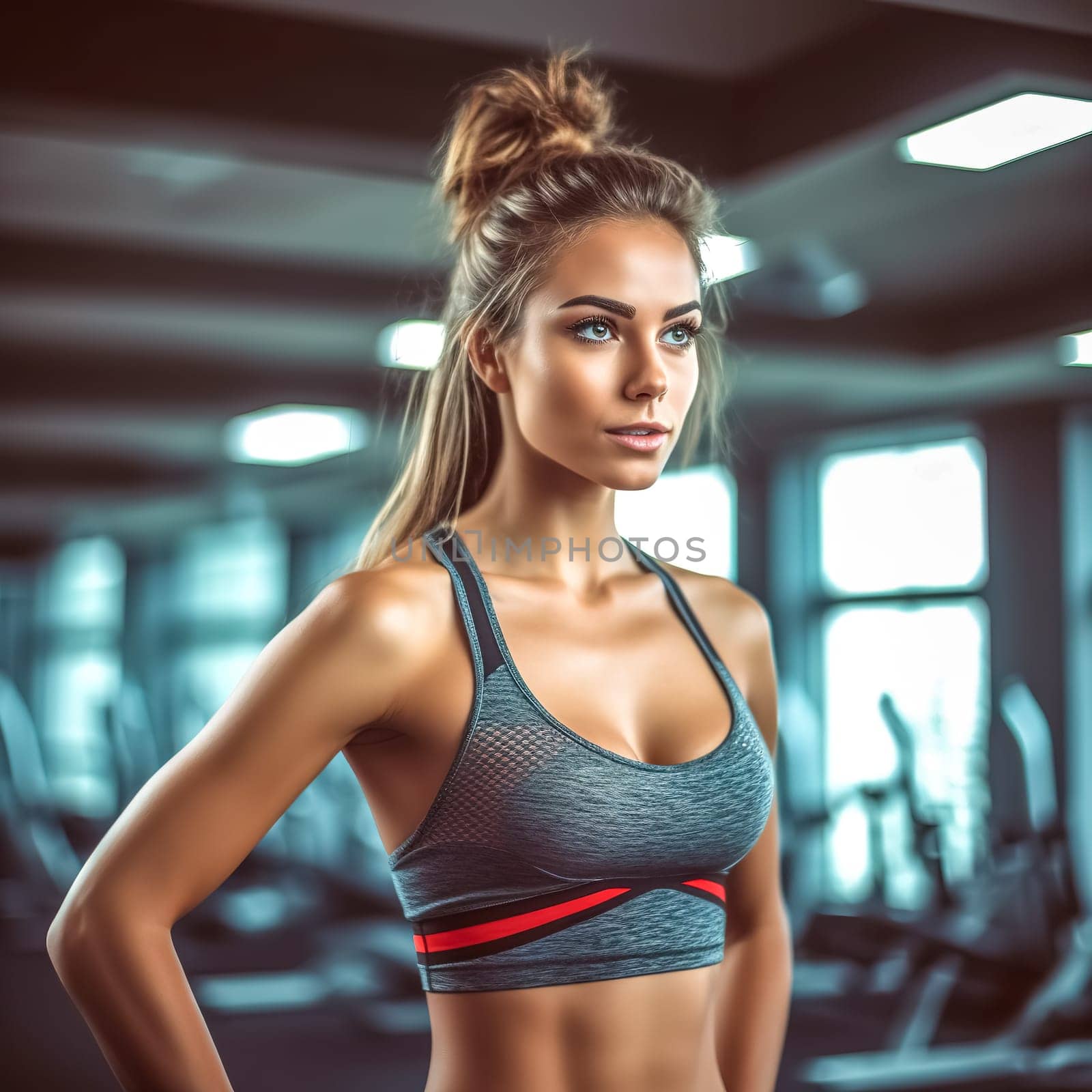 portrait of a young attractive fit woman in the gym in sportswear, made with Generative AI by Edophoto