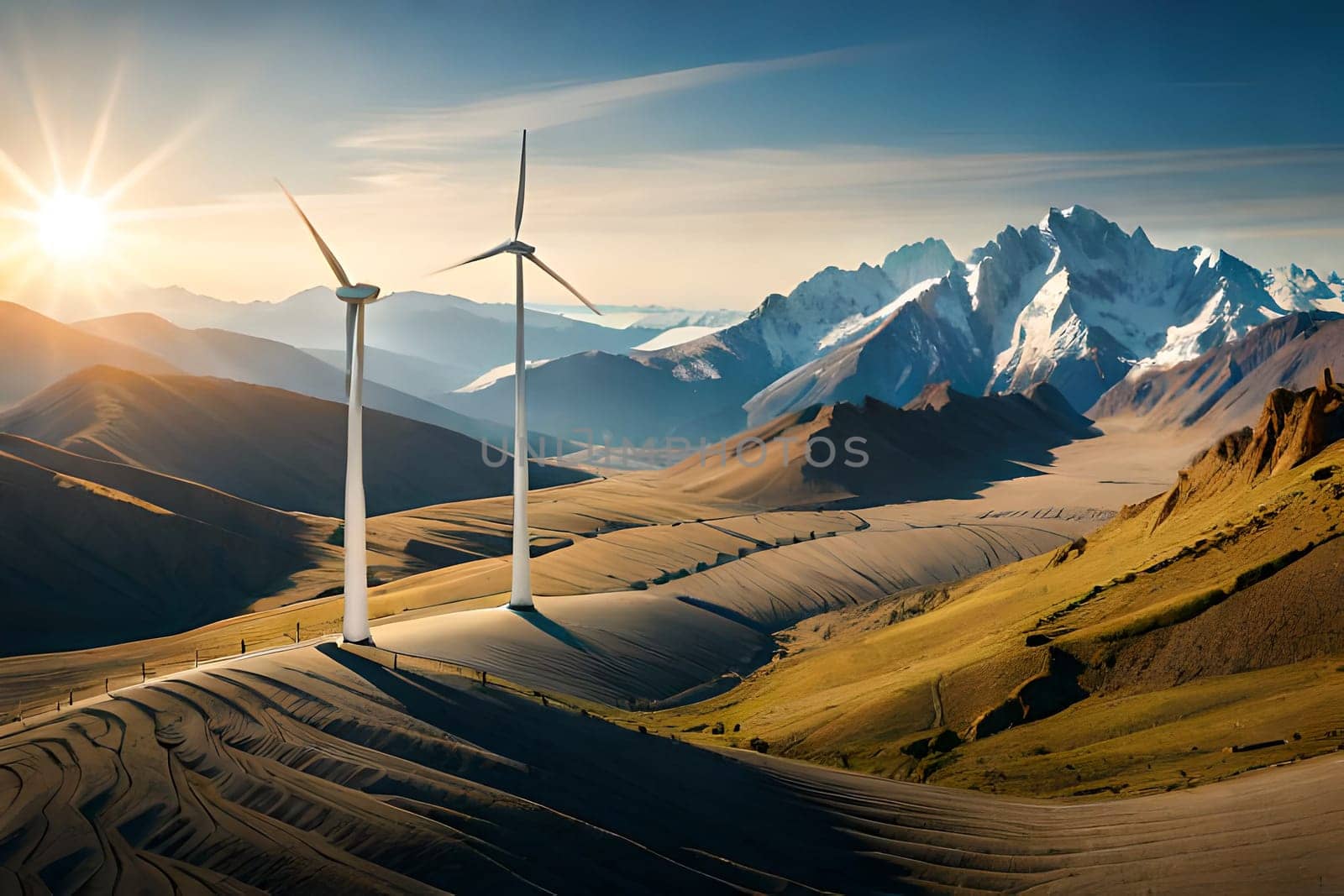 Panoramic view of wind farm or wind park, with high wind turbines for generation electricity with copy space. Green energy concept. Generative AI