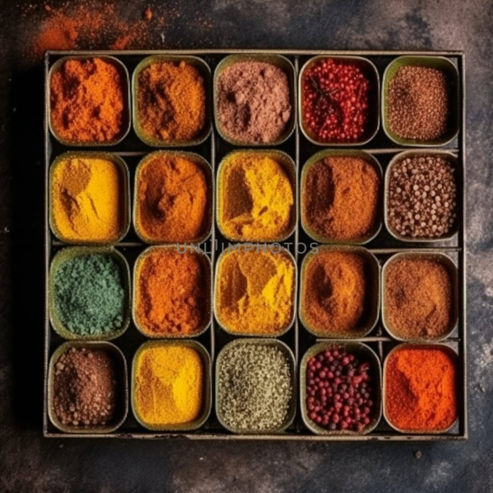 various kinds of spices on black stone surface generative ai by juliet_summertime
