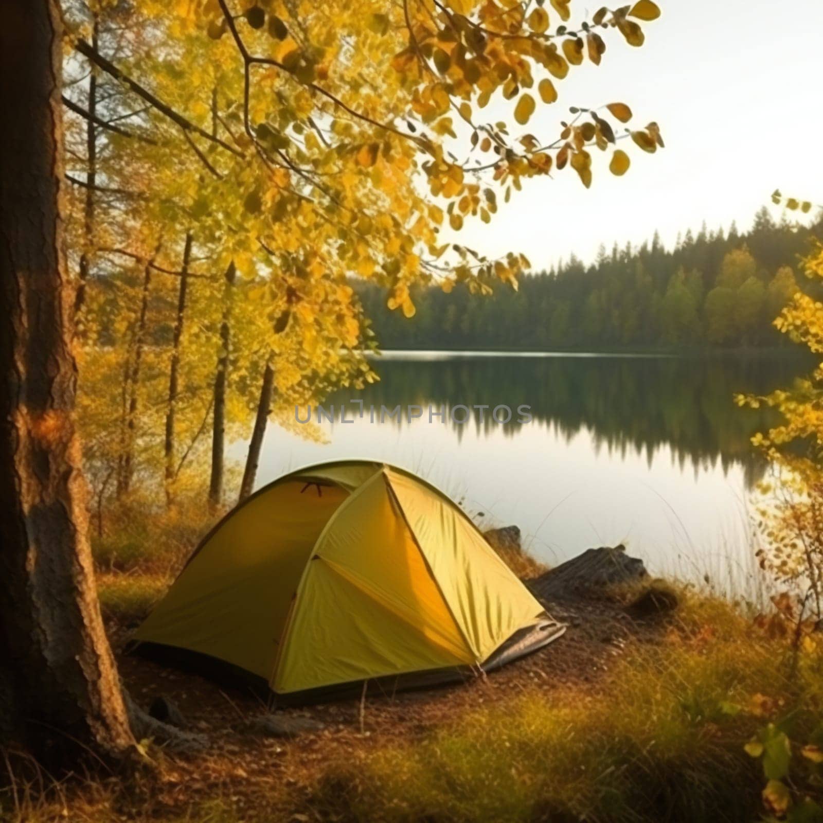 Tent on shore by lake outdoors in fall in sunny beautiful autumn morning . Relaxation and travel outdoors in fall season concept