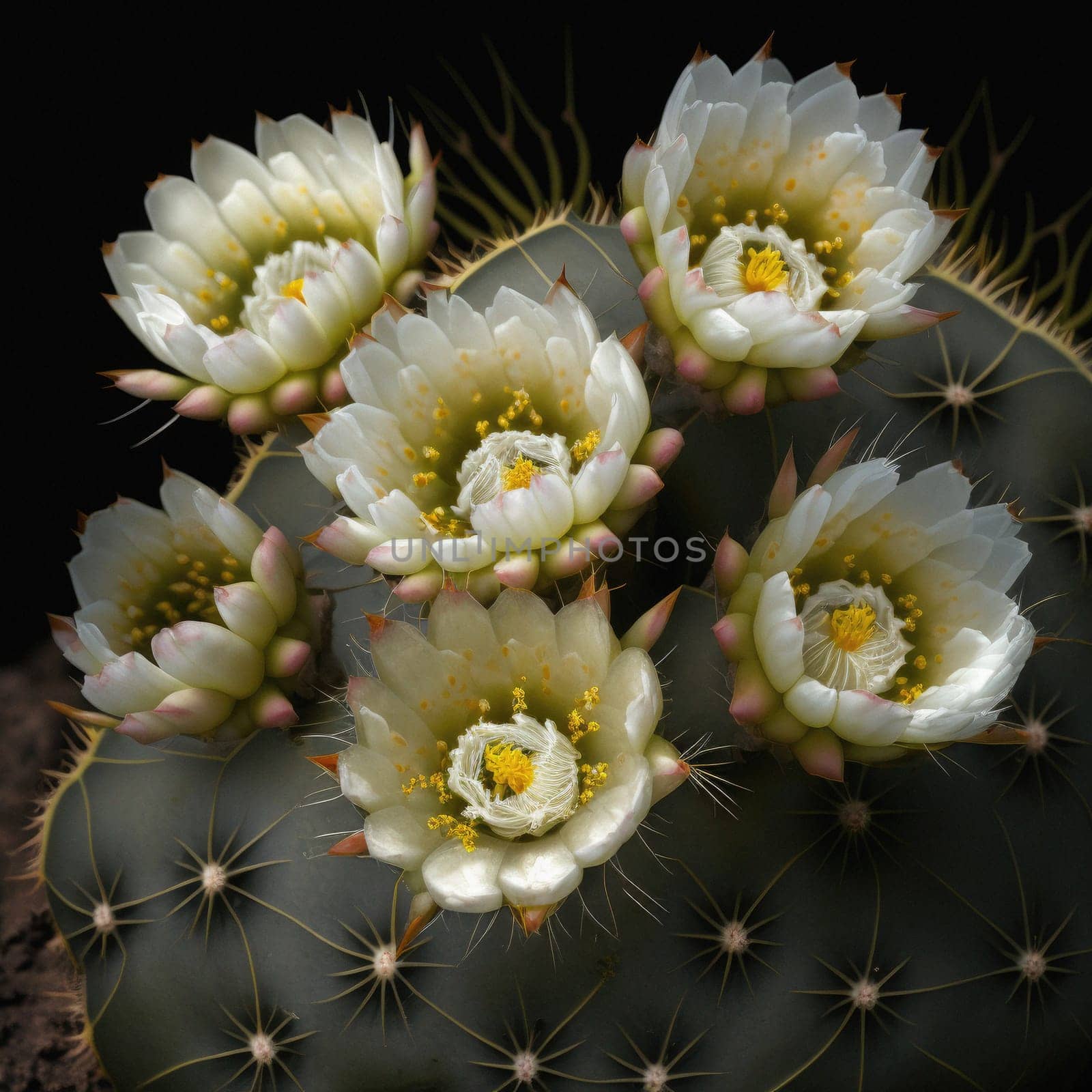 Gymnocalycium gibbosum cactus, blooming with opened flowers, natural habitat by igor010
