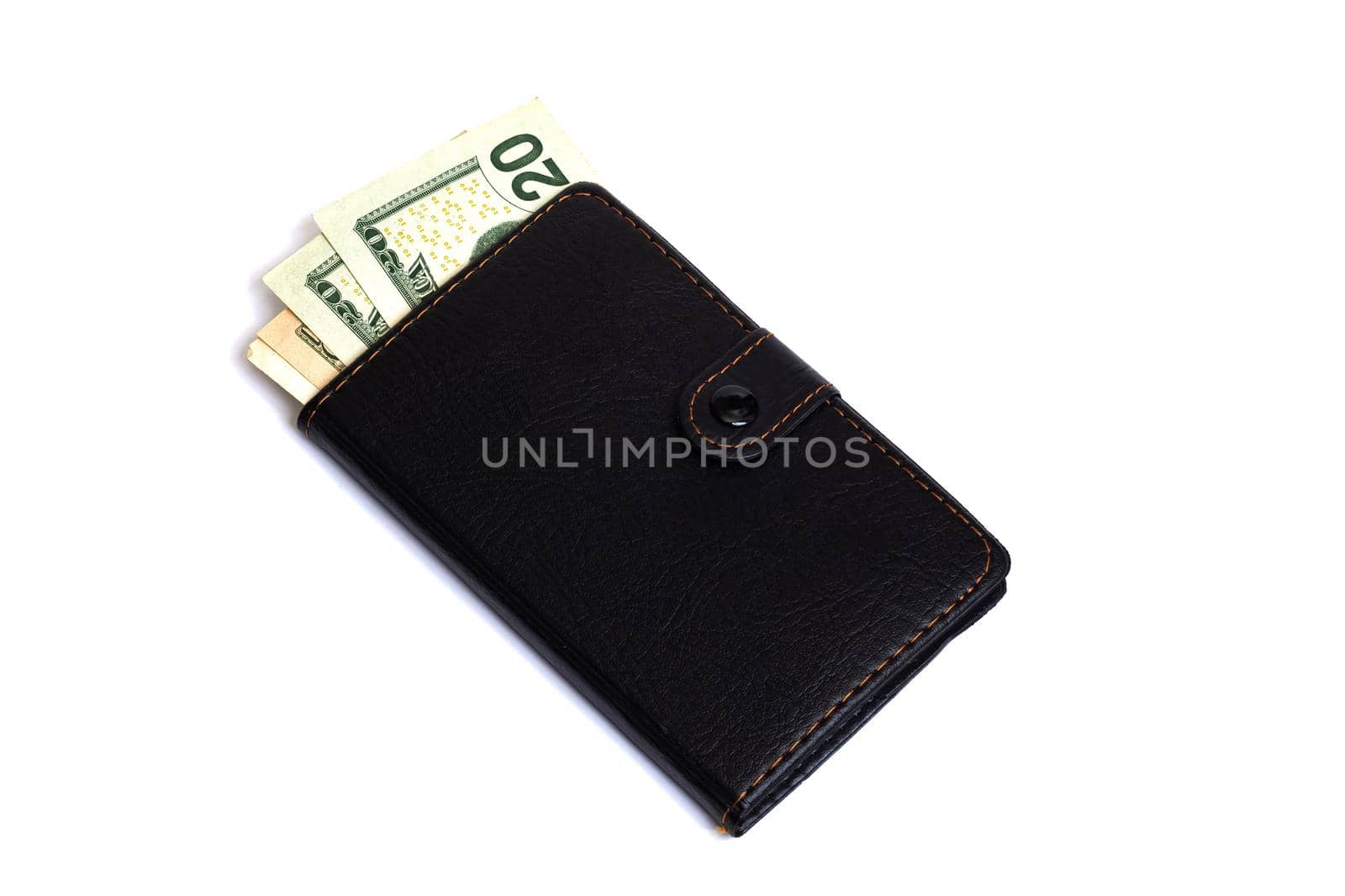 Dollars in wallet isolated on white background close up