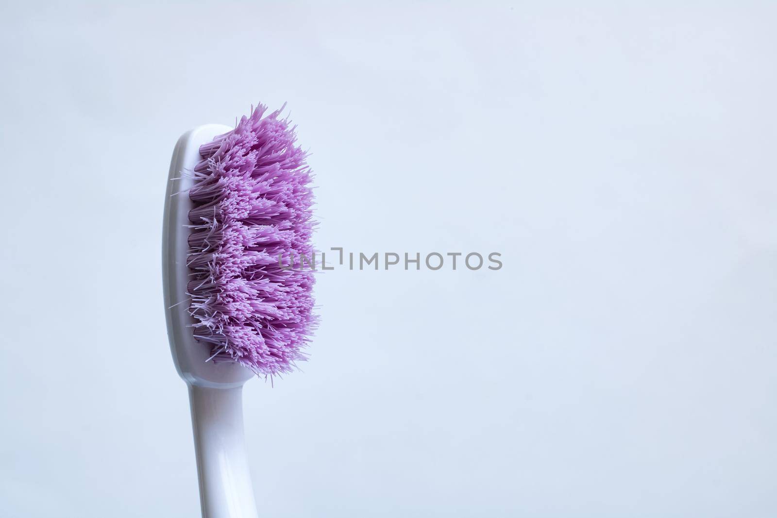 Toothbrush with purple pile close-up on a white background, copy space
