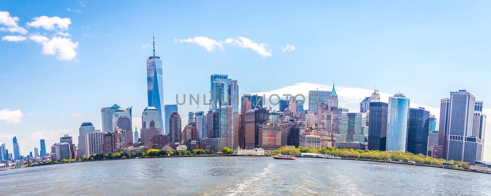 Skyline panorama of downtown Financial District and the Lower Manhattan in New York City, USA. Fish eye effect by Mariakray