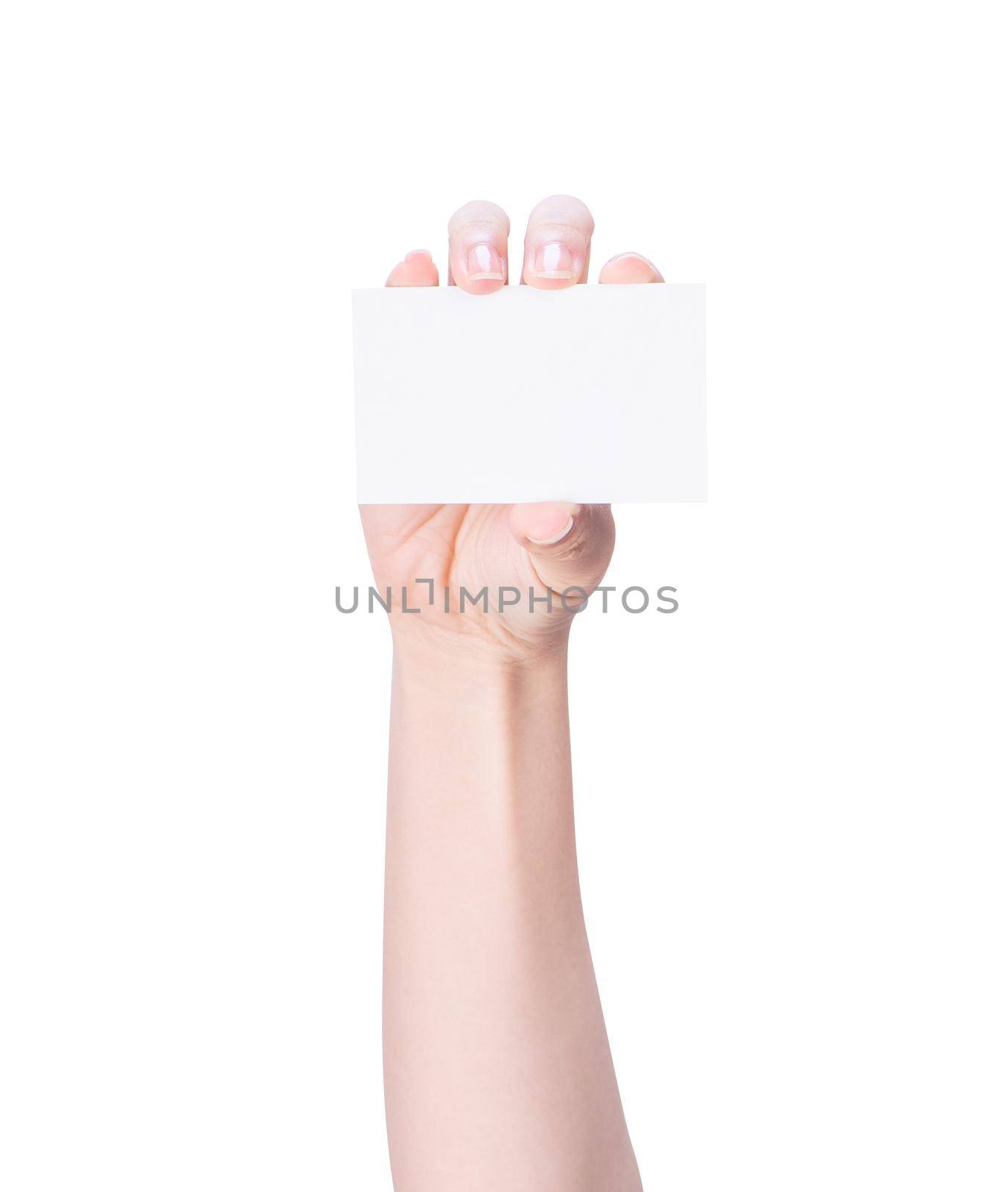 Young asia clean girl hand holding a blank kraft brown paper card template isolated on white background, clipping path, close up, mock up, cut out