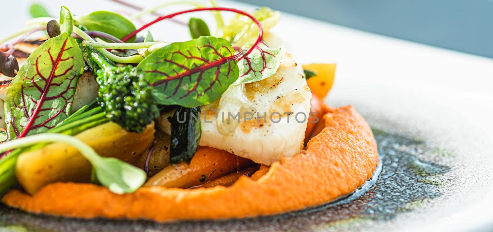 Healthy recipe, organic food and vegetarian salad menu in luxury restaurant, warm vegetables with cheese, greens and herbs served on plate by Anneleven