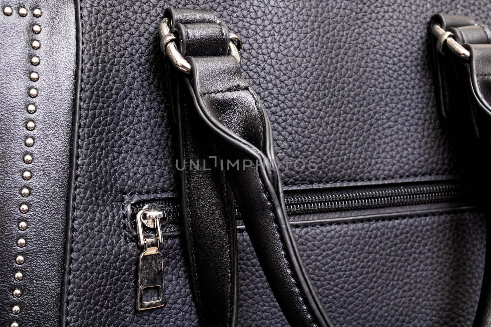 Black Leather women bag with handles close up