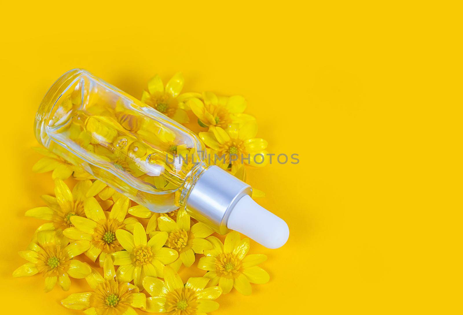 bottle with a pipette serum on a yellow background surrounded by spring flowers by galinasharapova