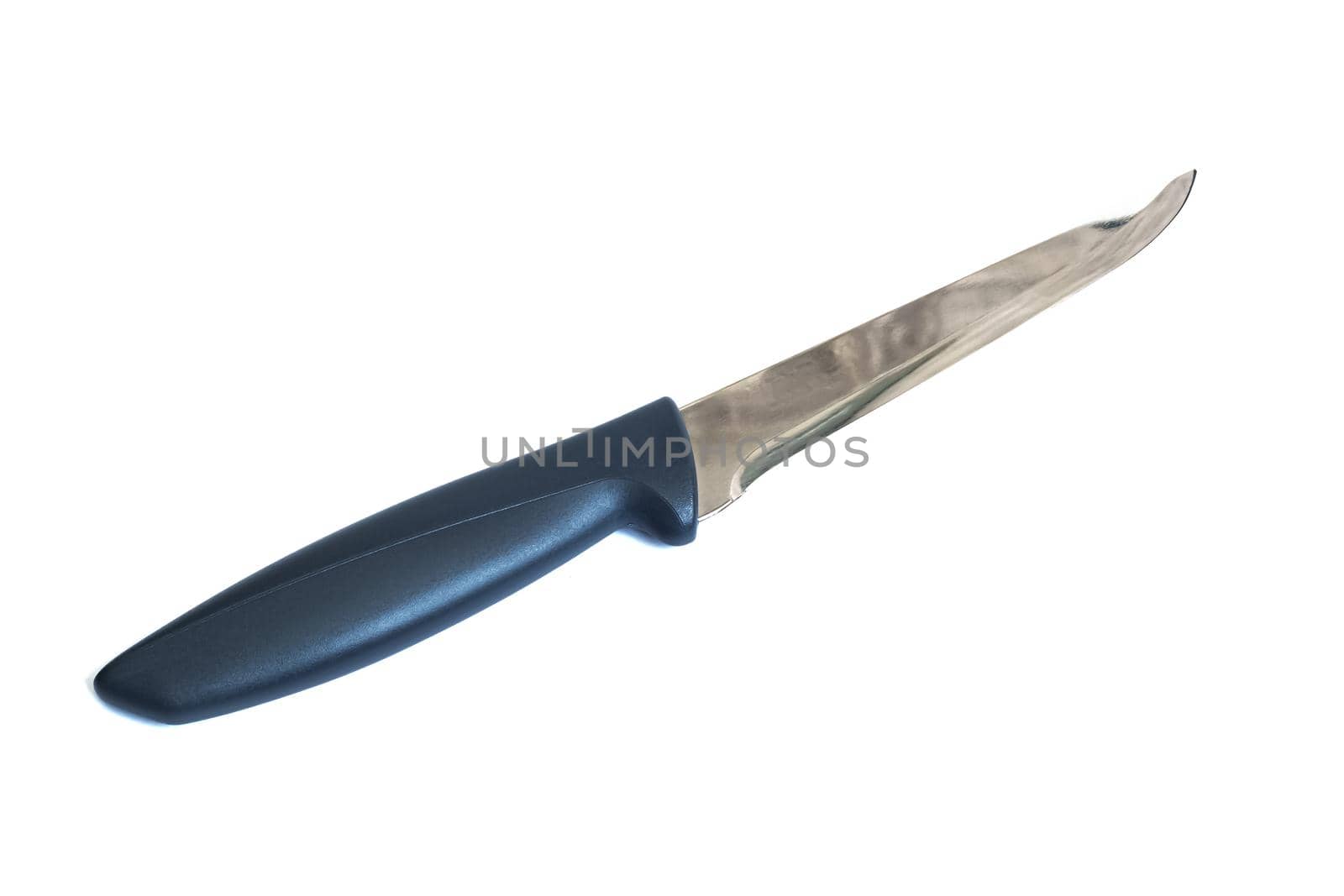 Kitchen knife with gray handle isolated on a white background close up