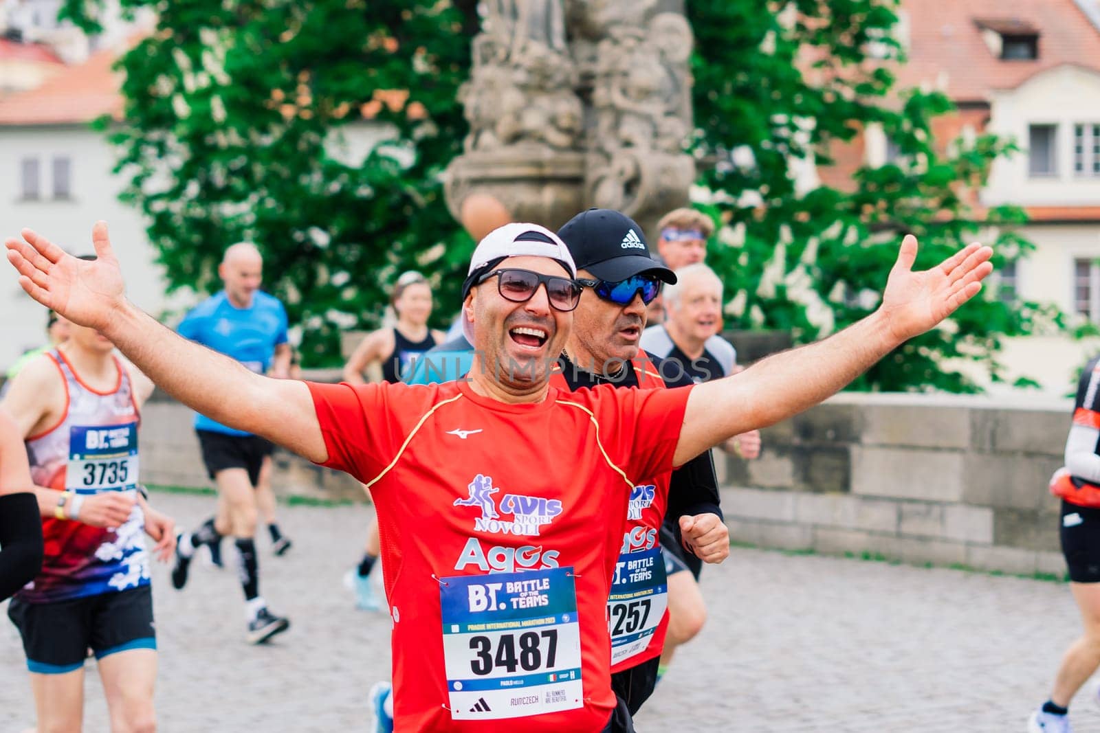 Prague, Czechia - 7th May 2023 - Runners of Prague Half marathon in the city streets.