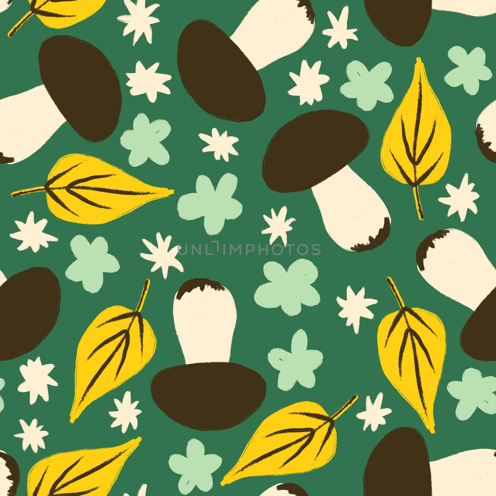 Hand drawn seamless pattern with forest mushroom fungi in brown yellow leaves on dark green background. Toadstool toxic fungi caps poisonous herbs wood woodland, witch concept, fall autumn flora. by Lagmar
