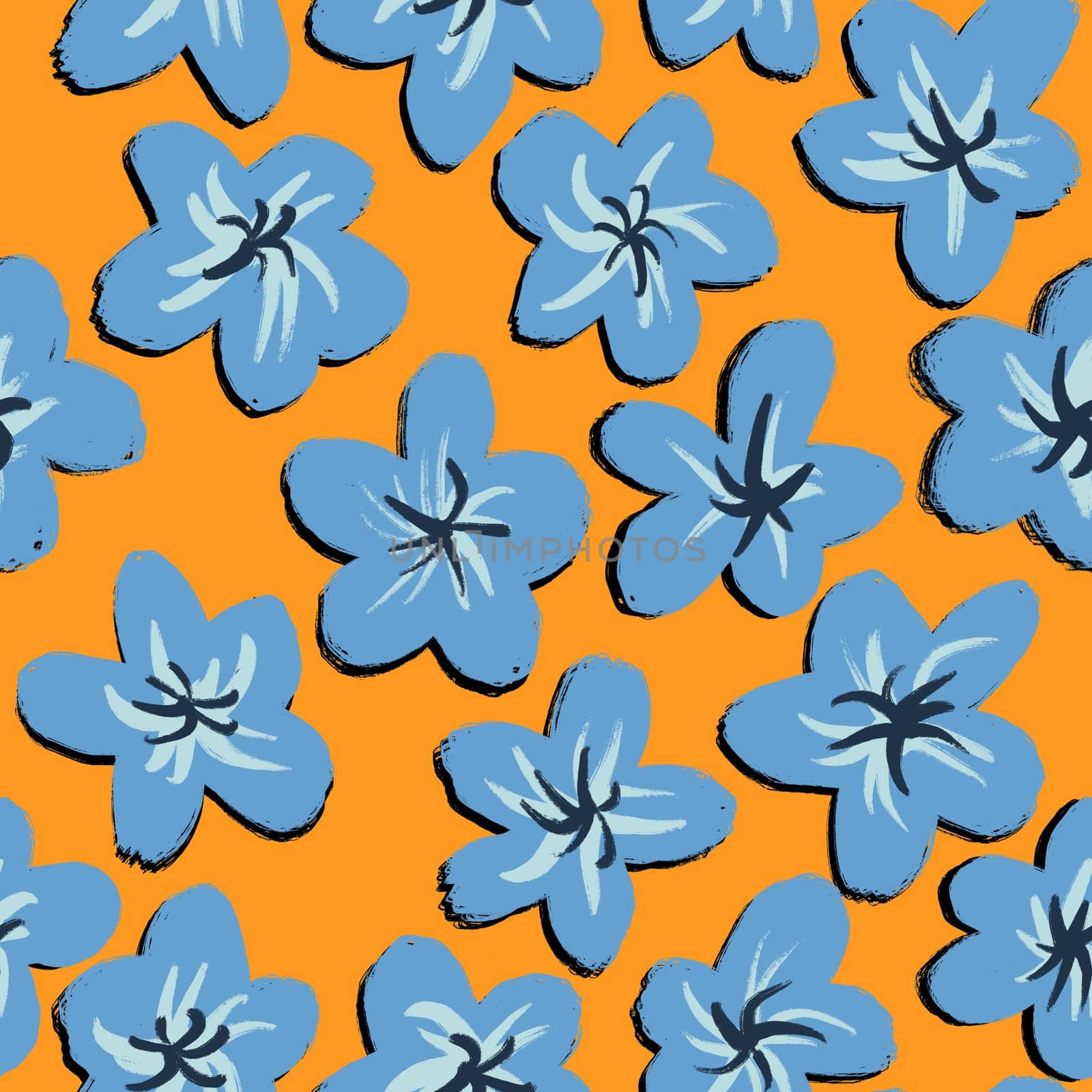 Hand drawn seamless pattern with blue orange flower floral elements, ditsy summer spring botanical nature print, bloom blossom stylized petals. by Lagmar