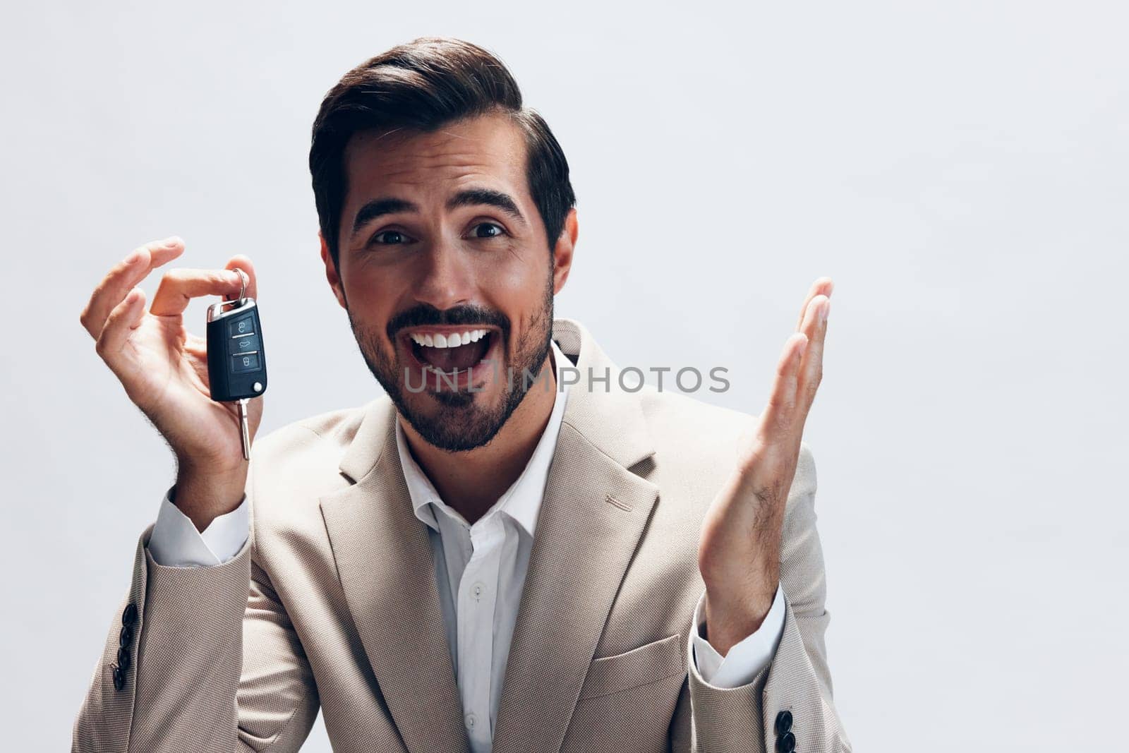 man new businessman loan buy studio beard business safety giving mockup sign smile background service transportation car auto holding key hand