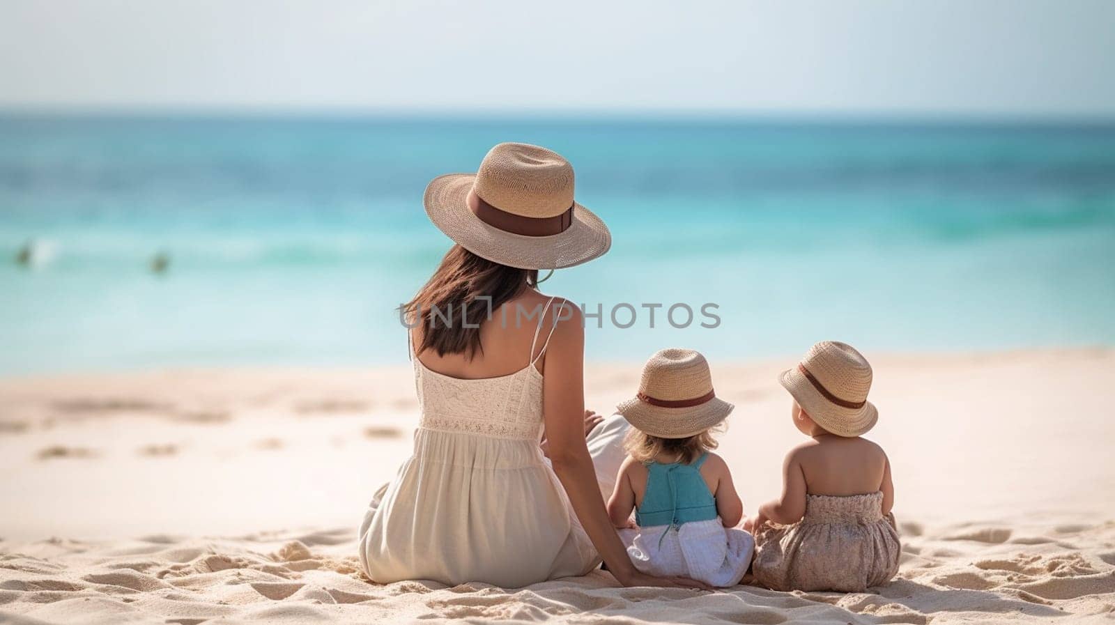 The family is sitting on the seaside, rear view. Mother and children in sun hats relaxing sitting on the beach. Ai generative by lucia_fox