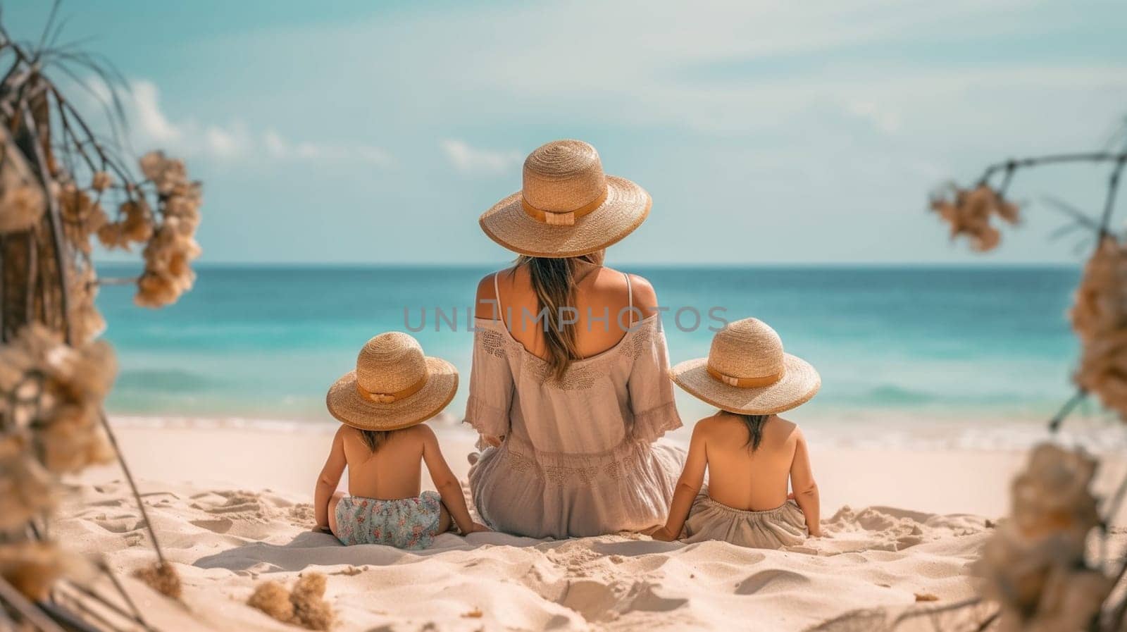 The family is sitting on the seaside, rear view. Mother and children in sun hats relaxing sitting on the beach. Ai generative by lucia_fox