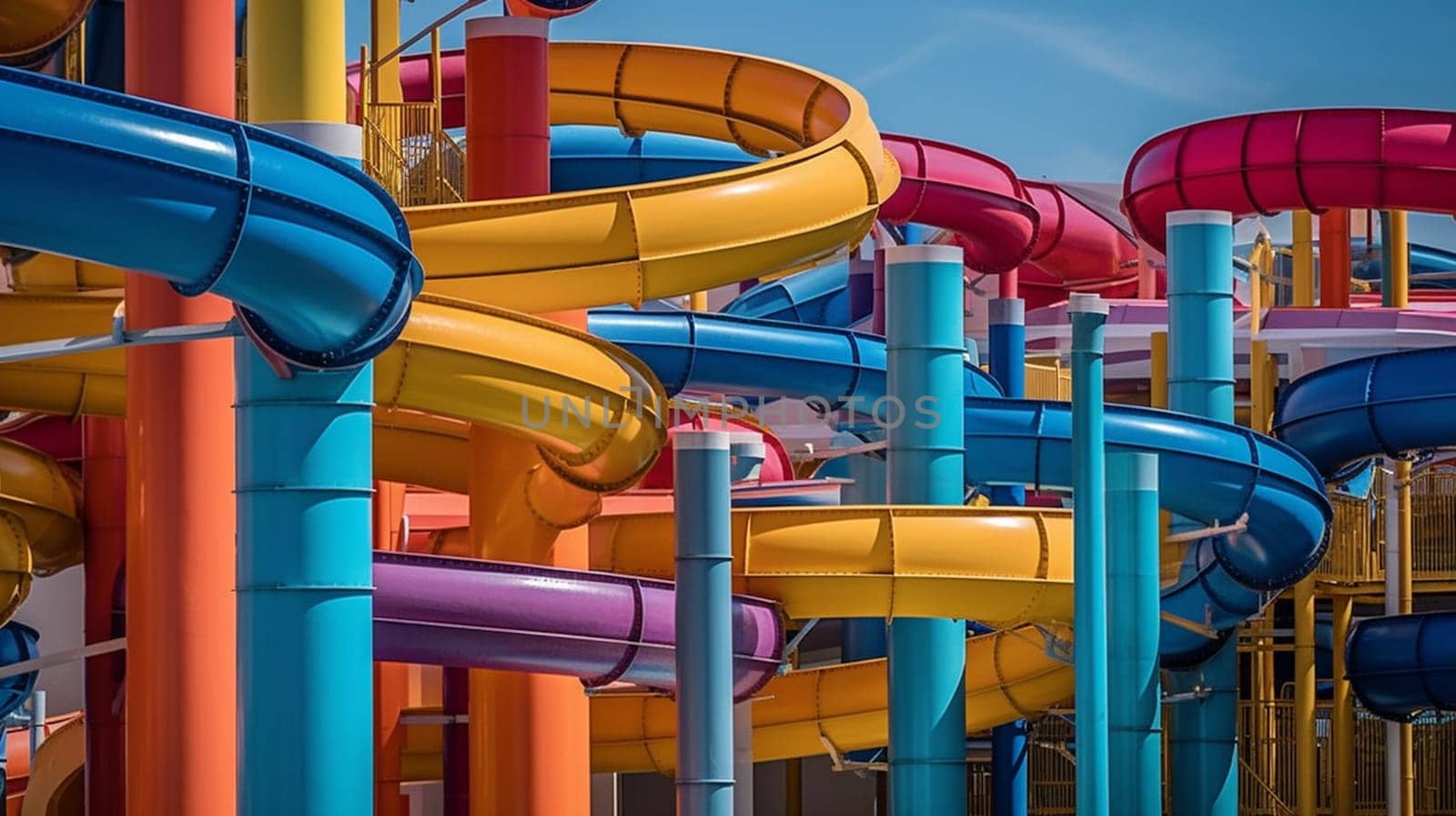 Water park, bright multi-colored slides with a pool. A water park without people on a summer day. Ai Generative.