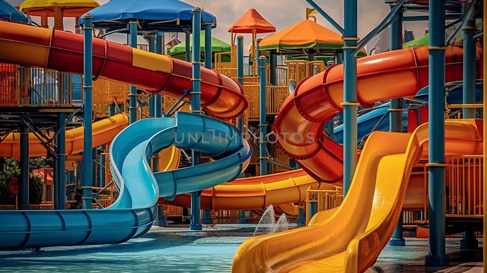 Water park, bright multi-colored slides with a pool. A water park without people on a summer day. Ai Generative by lucia_fox