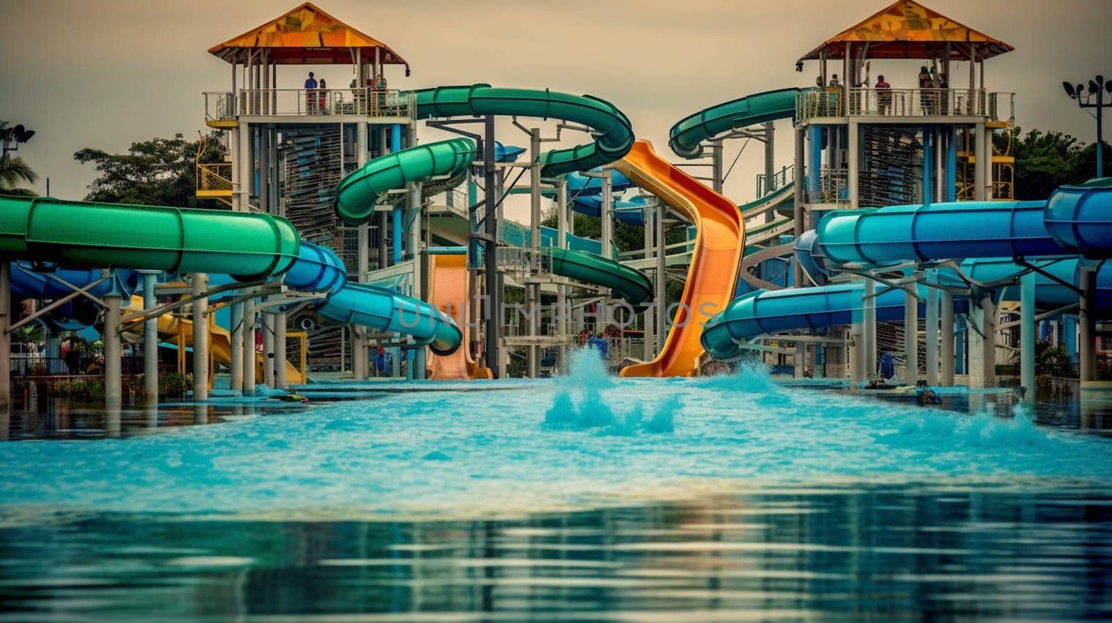 Water park, bright multi-colored slides with a pool. A water park without people on a summer day. Ai Generative by lucia_fox