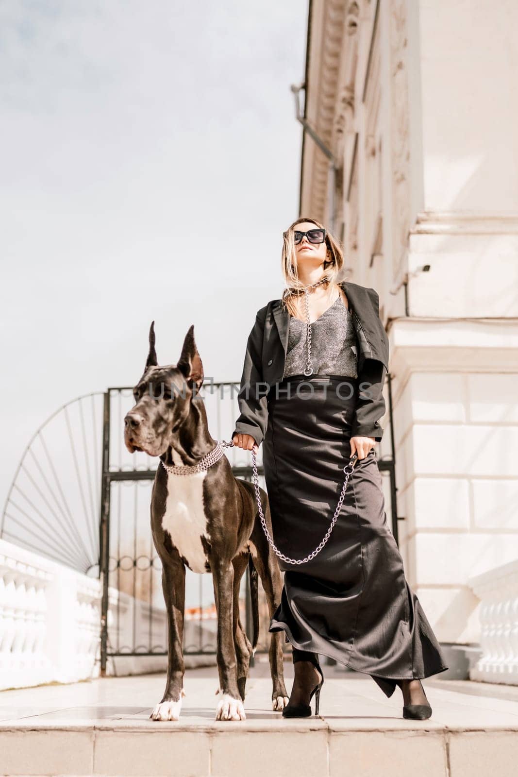 A woman walks with her Great Dane in an urban setting, enjoying the outdoors and the company of her dog. by Matiunina