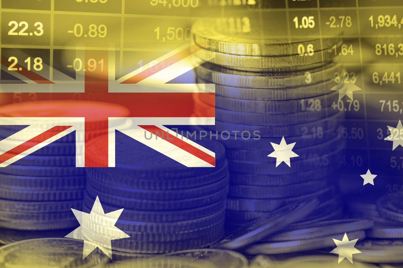 Stock market investment trading financial, coin and Australia flag or Forex for analyze profit finance business trend data background.