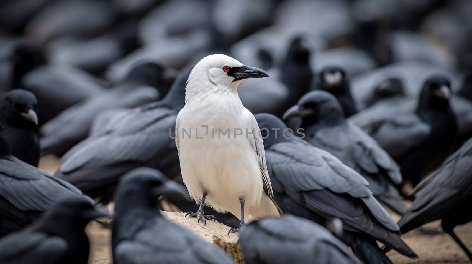 White crow among black crows. Ai Generative.