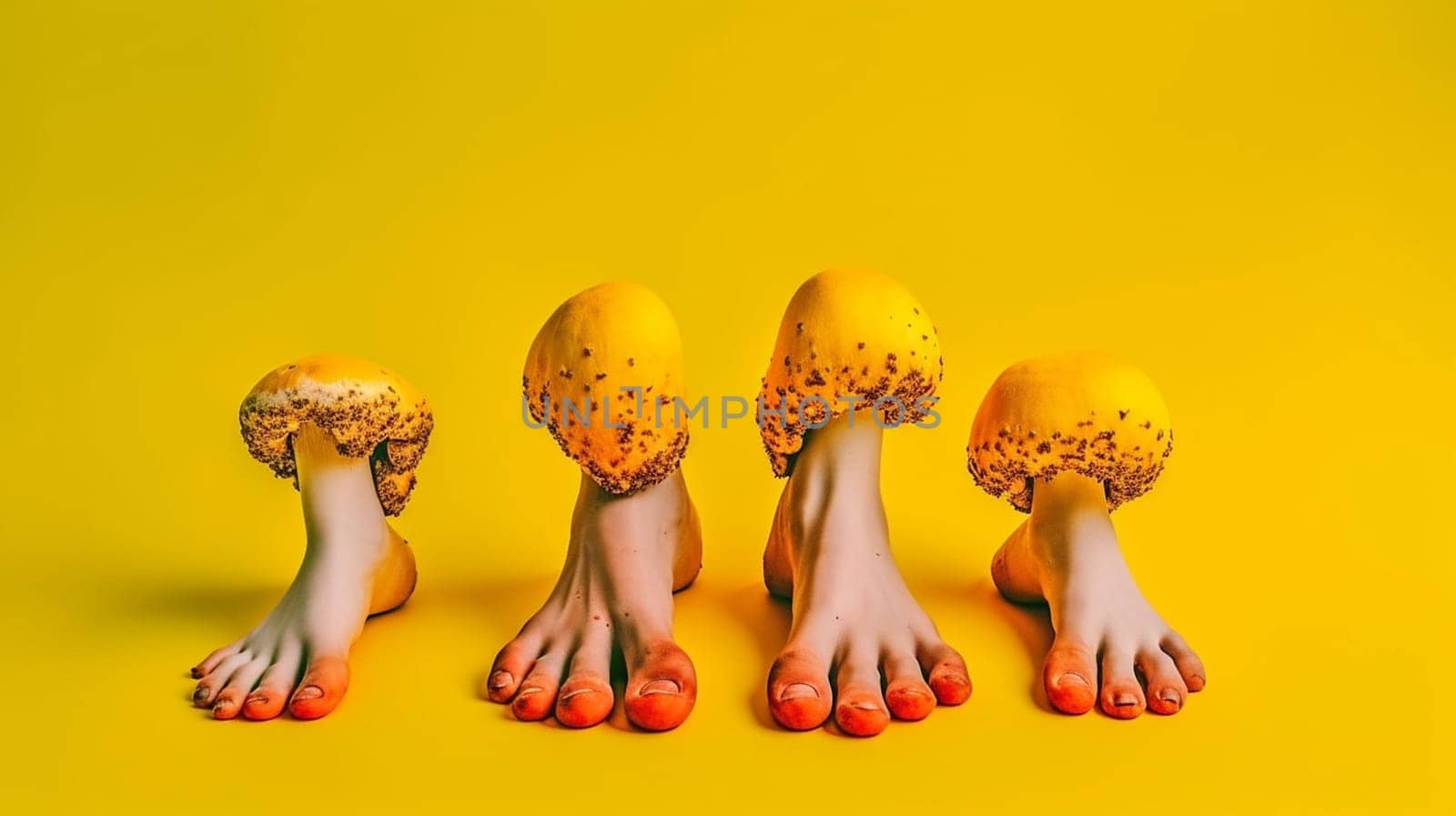 image with female bare legs, feet with mushrooms between fingers. health care. foot fungus. AI generative by lucia_fox